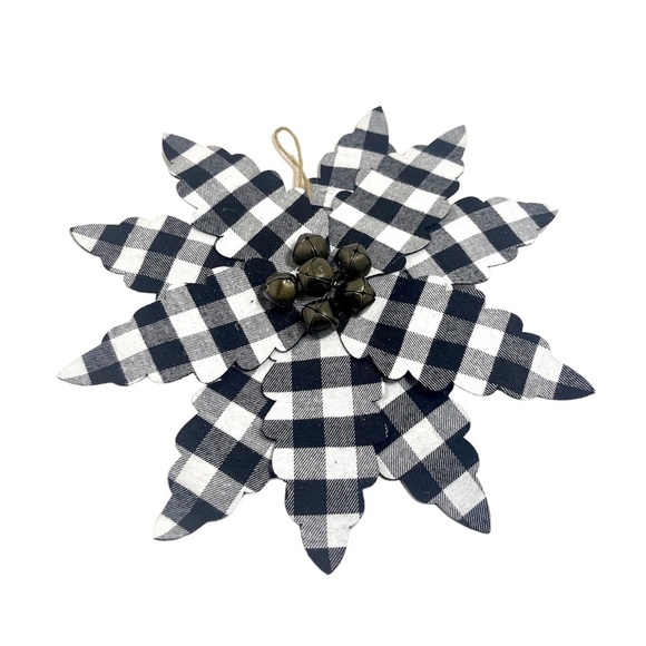 Ganz Medium Black and White Buffalo Plaid Poinsettia Ornament with Bell Center - Picture 2 of 3